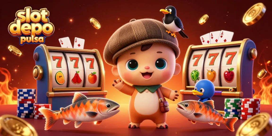 Gali kemenangan di slot depo pulsa dengan karakter lucu dalam suasana kasino yang penuh warna.