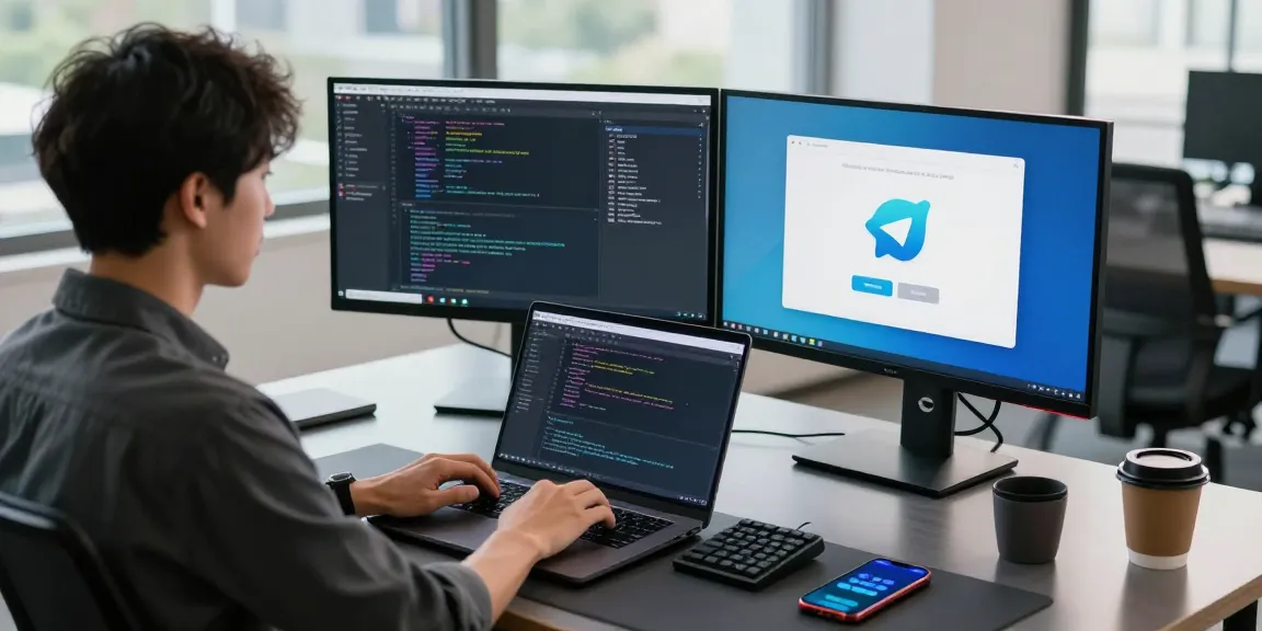 Professional workspace for telegram中文版下载 with coding and app development elements in a modern office.