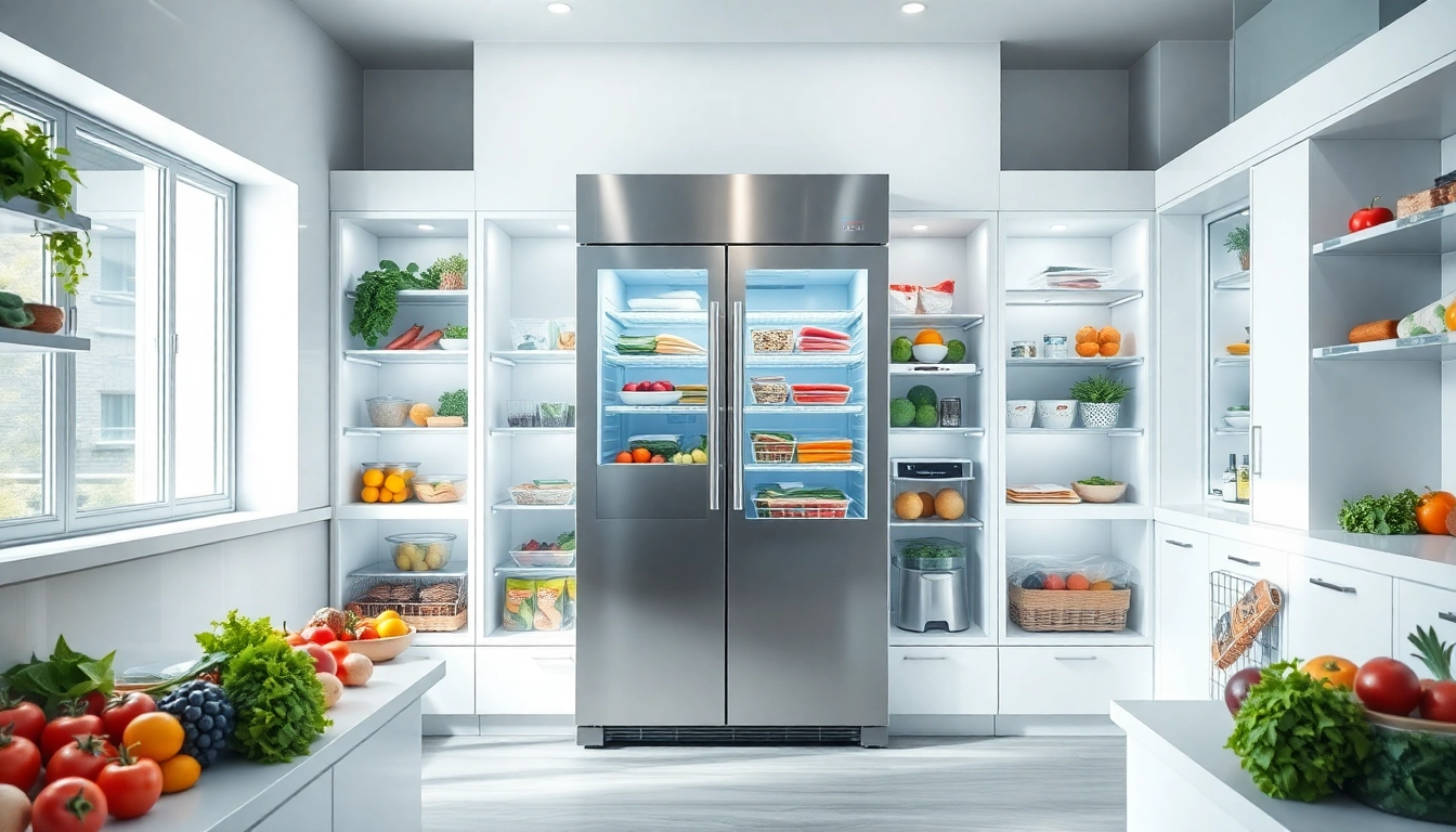 Organized freezer showcasing efficient storage of food items in a modern kitchen.