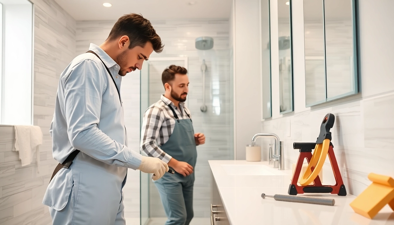 Bathroom renovation contractors near me collaborating on a modern bathroom project with tools and materials.