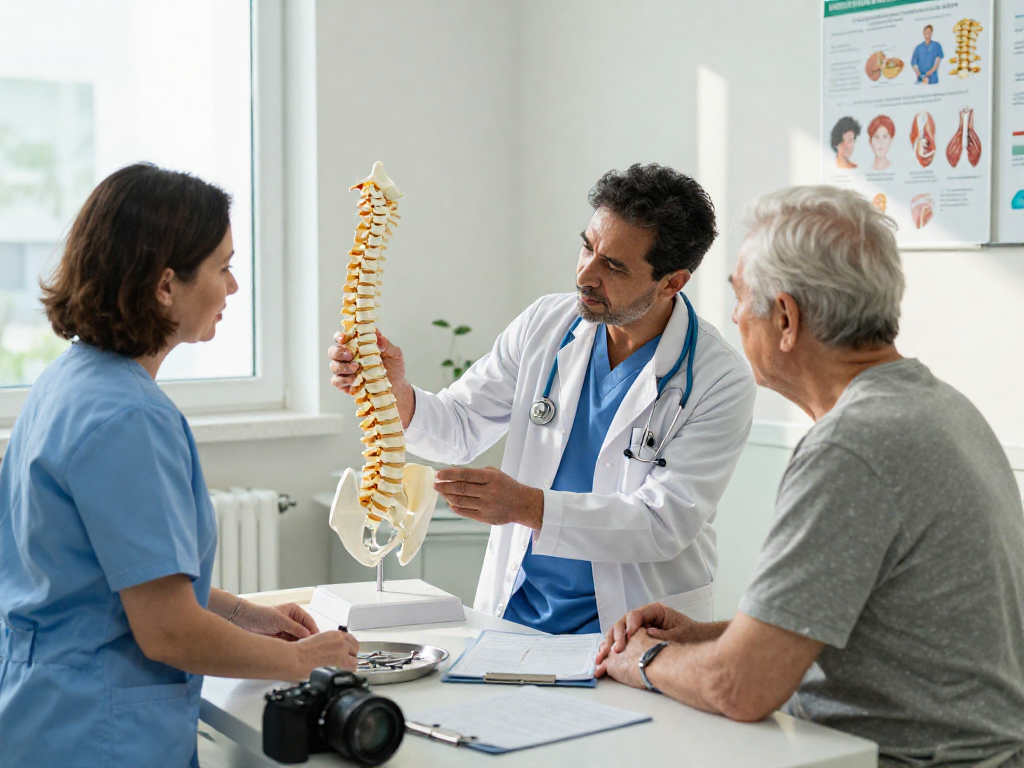 Consultation on Dar kanal ameliyatı, orthopedic surgeon explaining spinal health with patient in clinic.