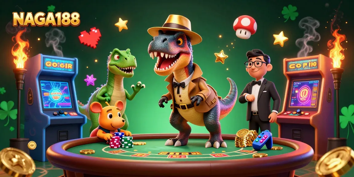 NAGA188 menampilkan ilustrasi kasino 3D yang dinamis dengan karakter kartun dan elemen permainan yang menarik.