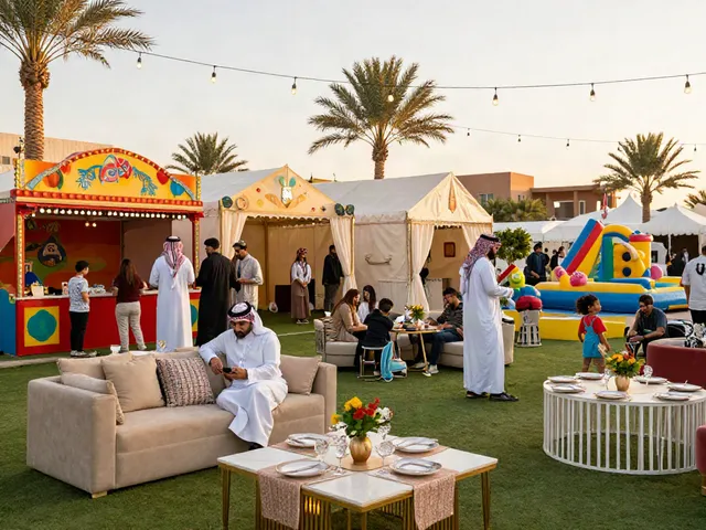 Event rentals showcased at a vibrant outdoor festival in Saudi Arabia, with premium marquees, furniture, and carnival attractions.