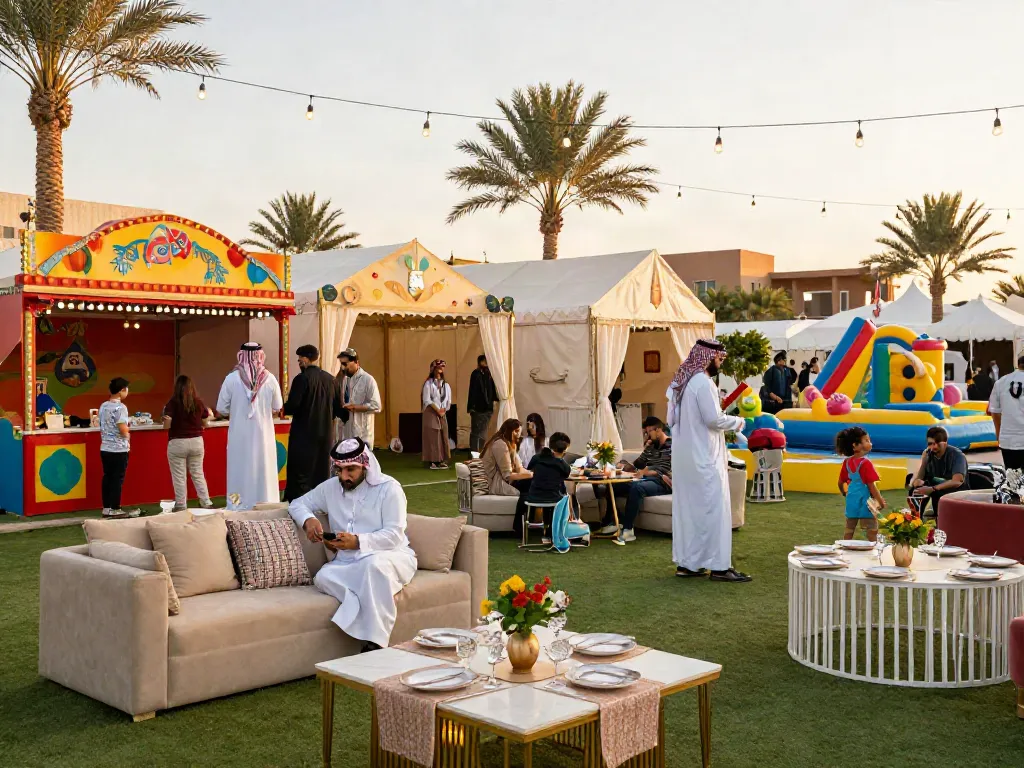 Event rentals showcased at a vibrant outdoor festival in Saudi Arabia, with premium marquees, furniture, and carnival attractions.