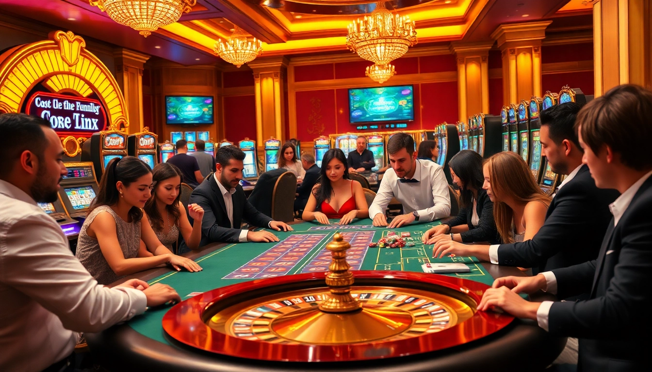 Vivez l'excitation du casino en ligne france fiable avec une scène de jeu vibrante mettant en avant des joueurs et des éléments de jeu luxueux.