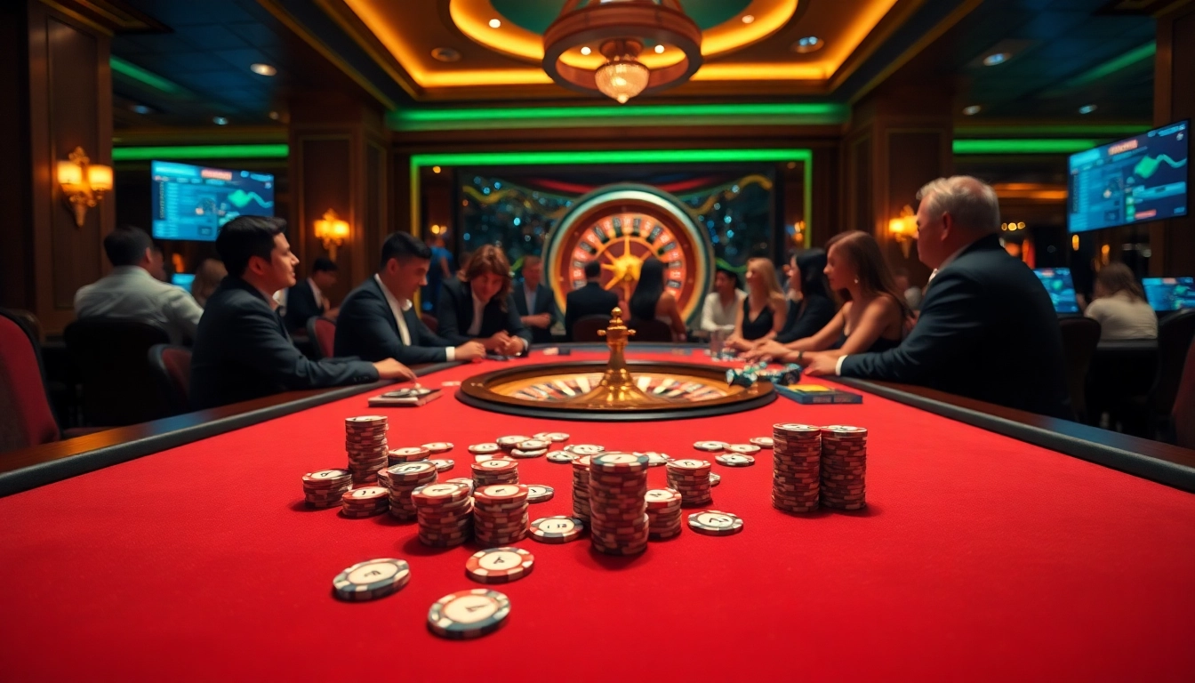 Engage in thrilling gameplay at https://ok88.tech/ with vibrant casino elements like poker chips and roulette wheels.
