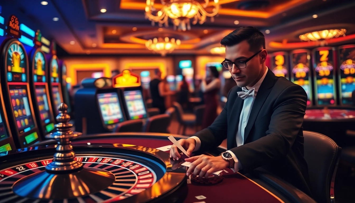 Intense excitement at MM88 casino featuring vibrant slot machines and high-stakes poker action.