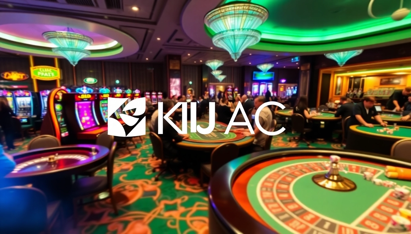 Vibrant KJC AC casino scene with poker, slot machines, and roulette.