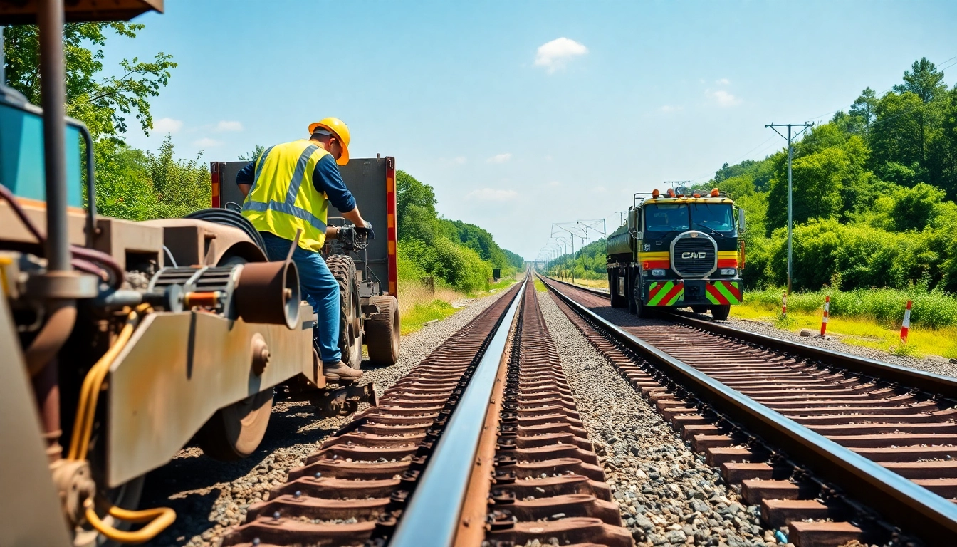 Railroad Maintenance Services crew actively repairing tracks with heavy machinery in a vibrant outdoor setting.