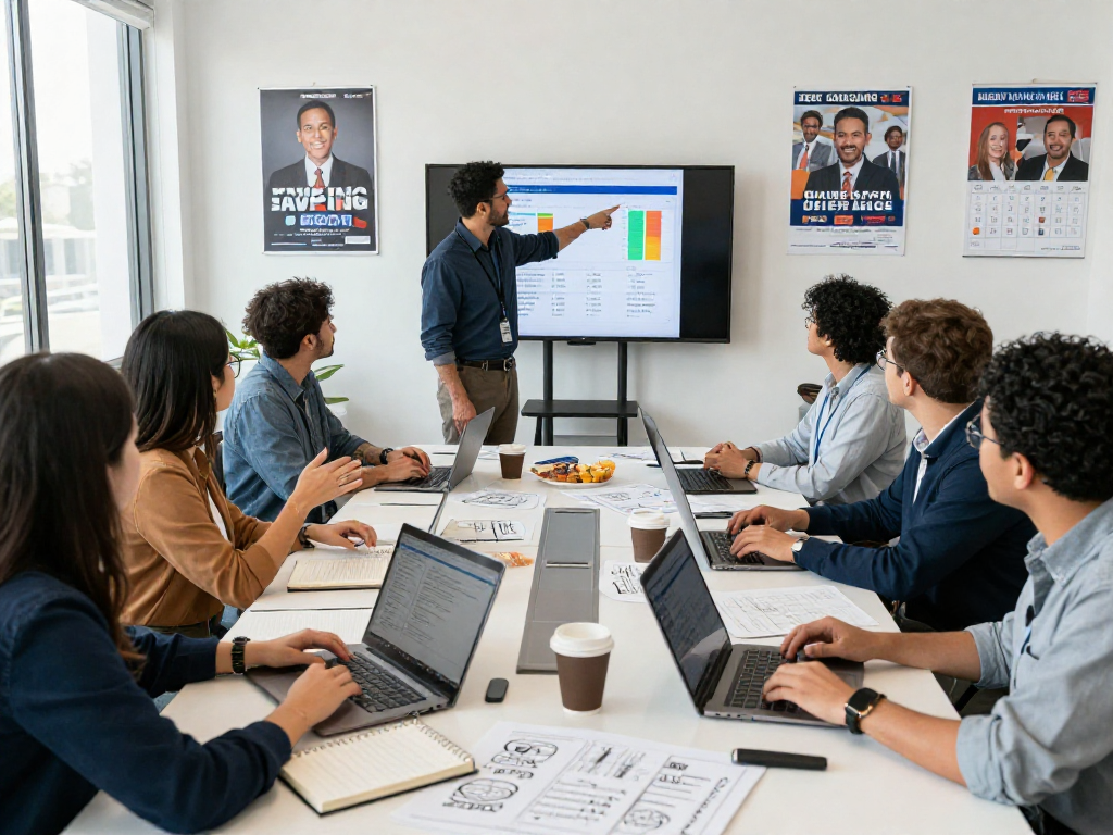 Engaged team strategizing effective direct mail for candidates in a contemporary office.