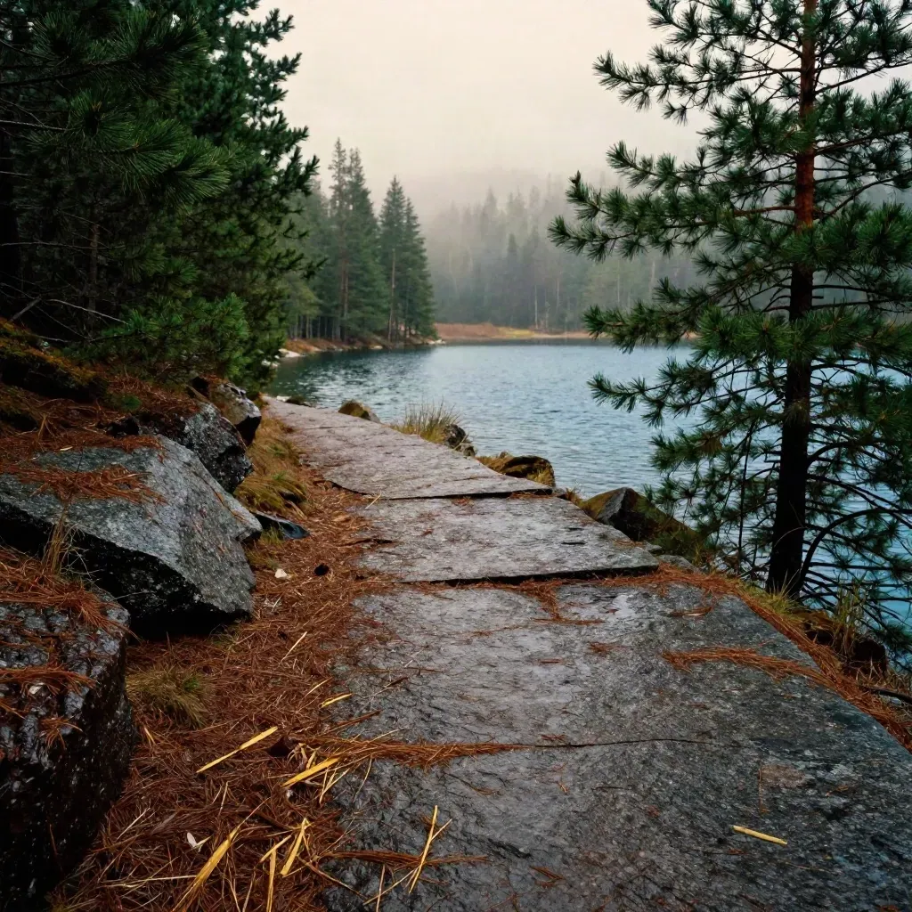 Damp pine trail curves past granite slabs to a distant lake after morning rain
