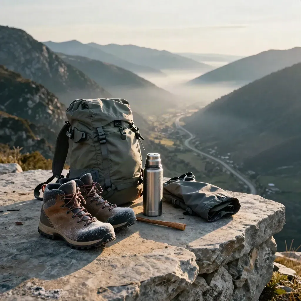 Frosted trail boots and hike gear on an alpine overlook at sunrise above a misty valley.