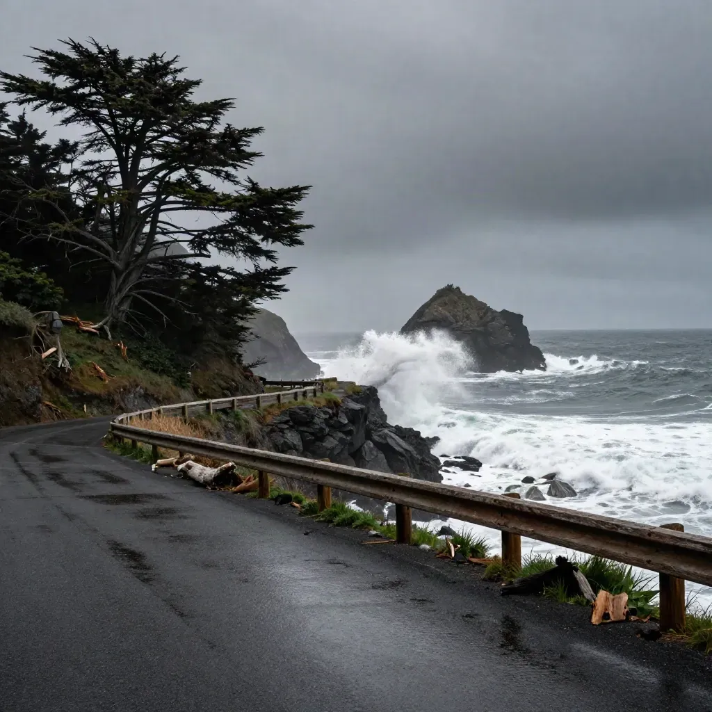 Windswept cypress above a Mendocino Coast bluff with breaking surf and sea spray