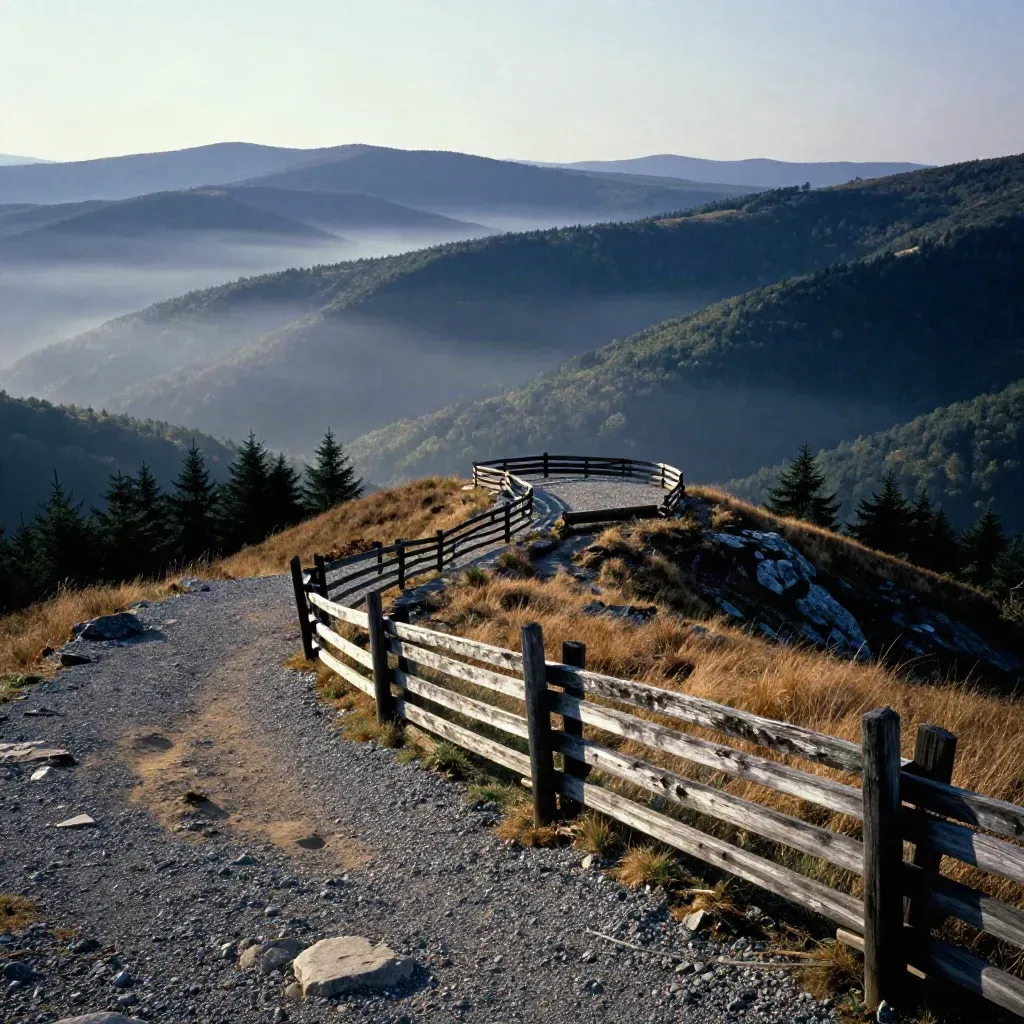 Fog lifts over Shenandoah ridgelines beside a gravel overlook and split-rail fence at dawn.