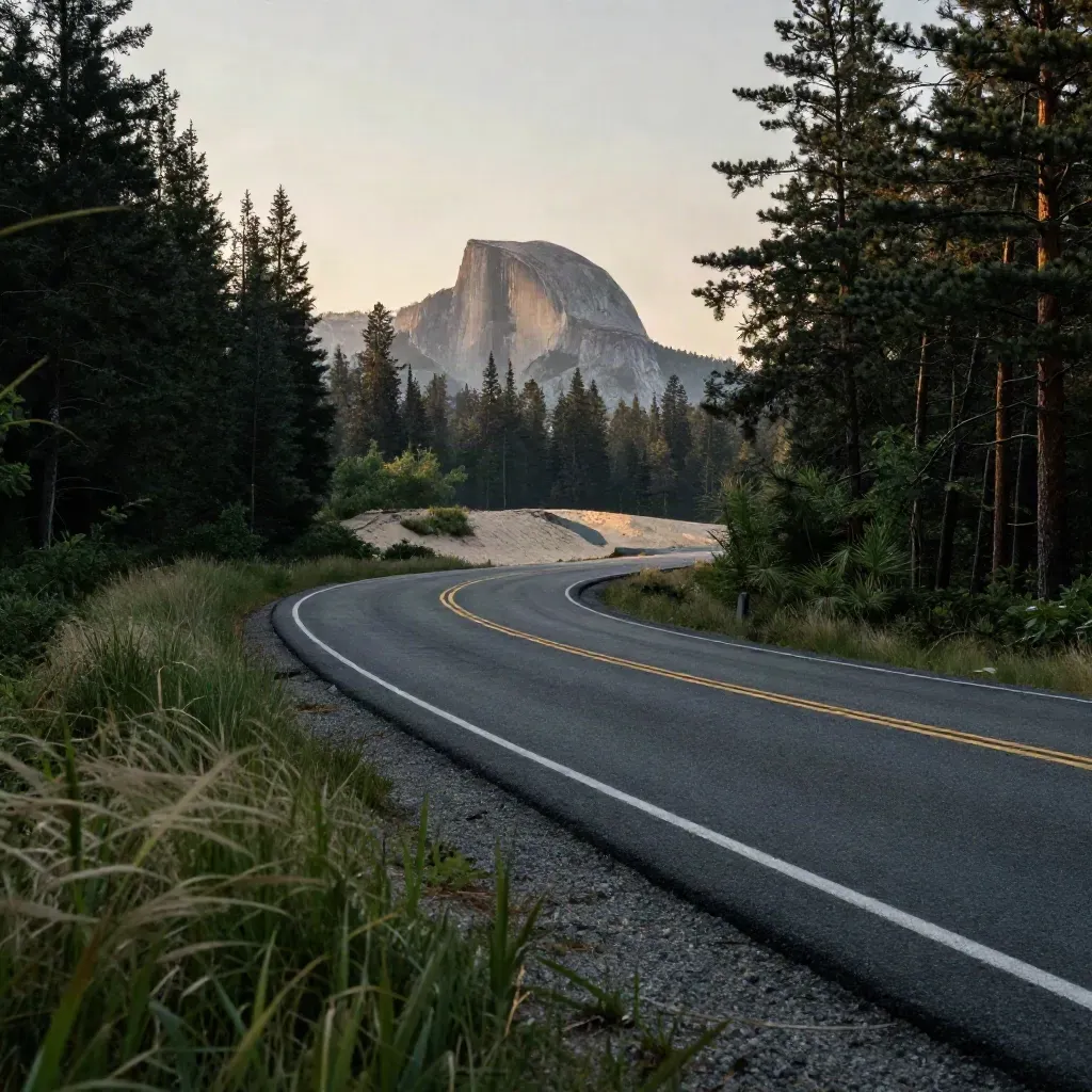 Pine road bends past a gravel pull-off and granite dome in shimmering morning heat.