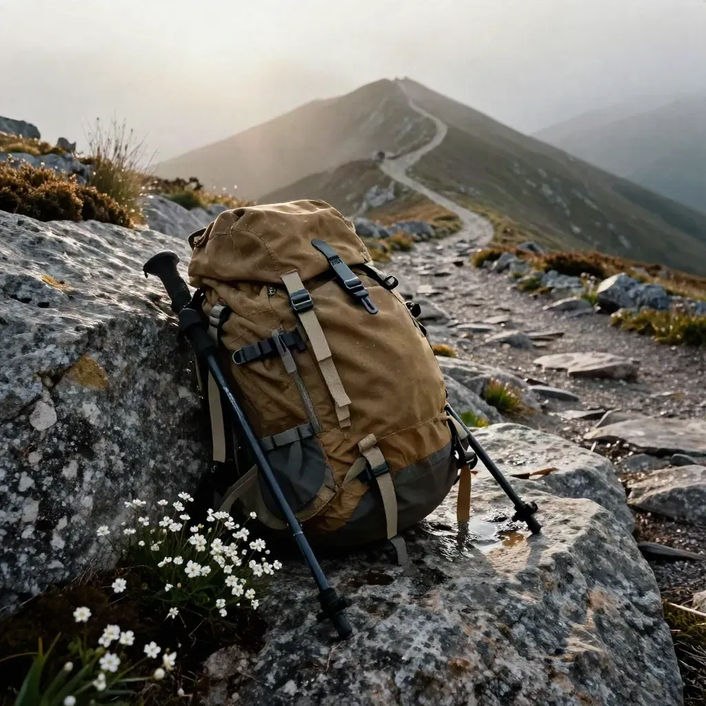 Daypack and trekking poles on wet granite beside a misty June trail at sunset.