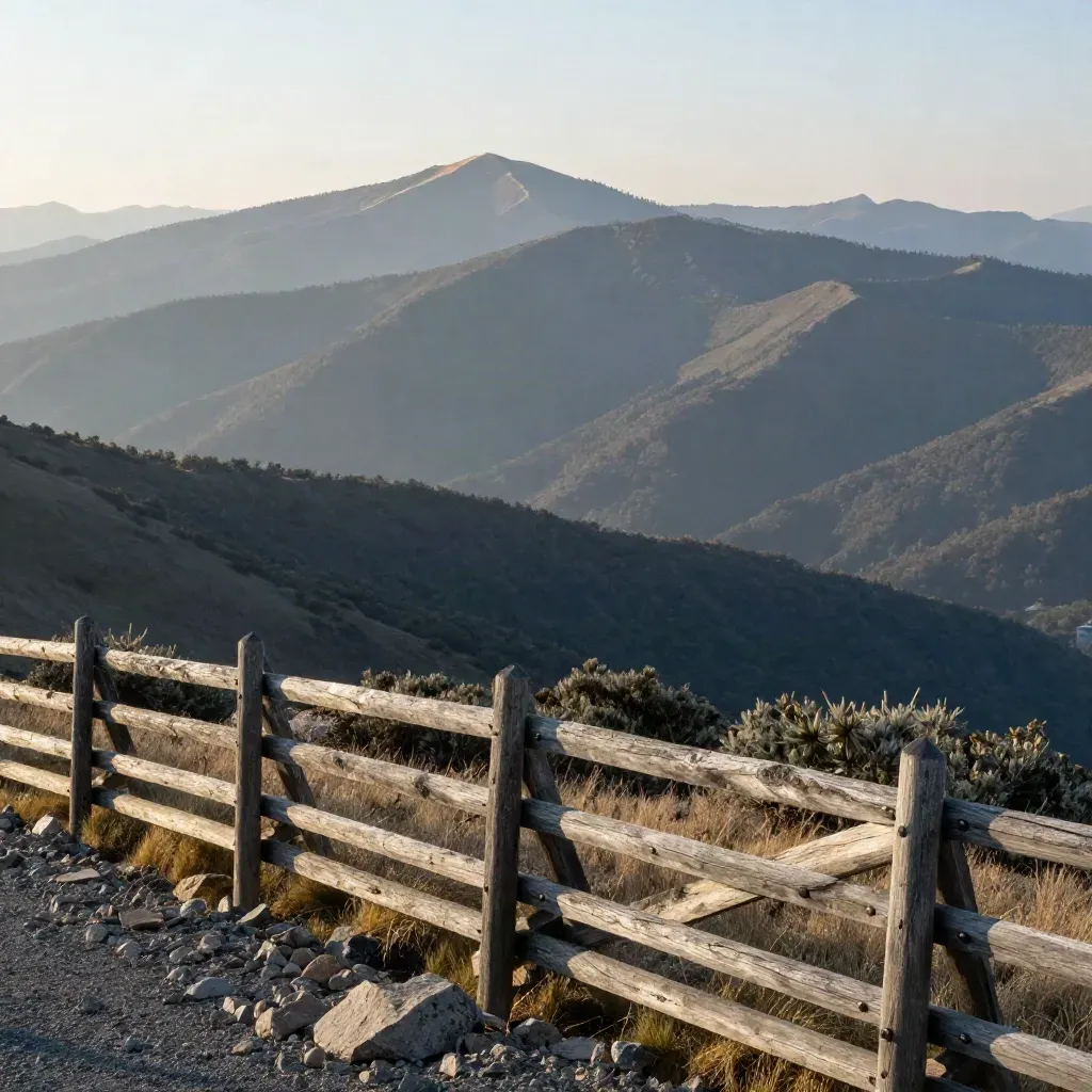 Blue Ridge overlook at sunrise with layered mountains, haze, and a fence in the foreground.