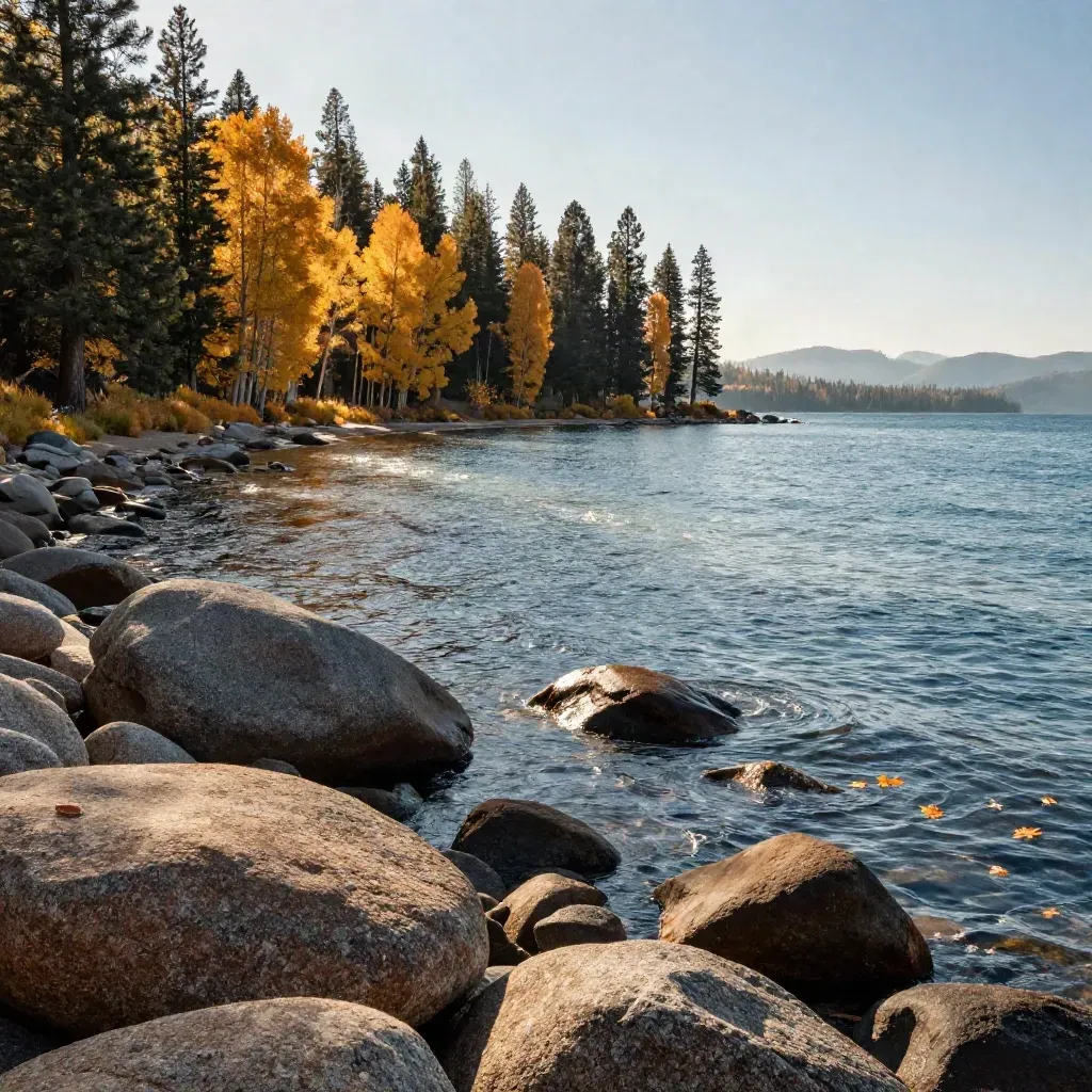 Lake Tahoe cove in fall with blue water, golden aspens, and rounded shoreline stones