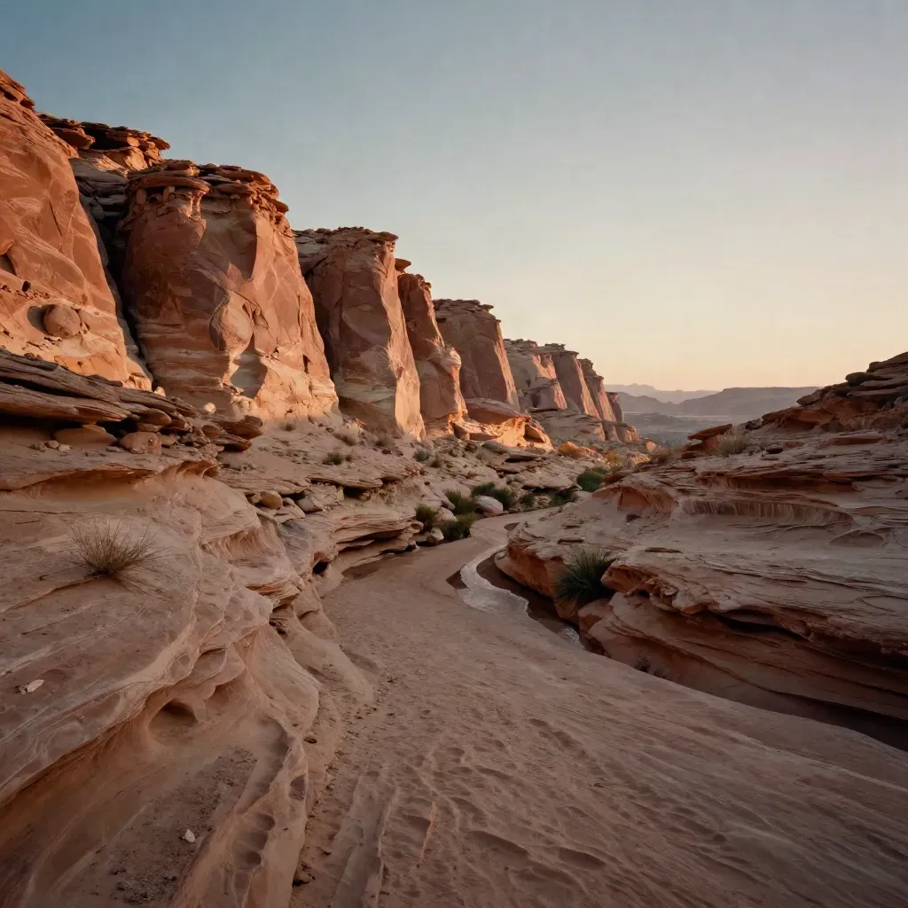 Desert buttes at dawn with a shallow wash and empty trail under a glowing sky.
