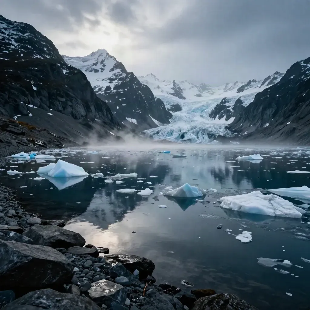 Glacier lake with ice flecks, dark shoreline, and snow peaks in moody light.