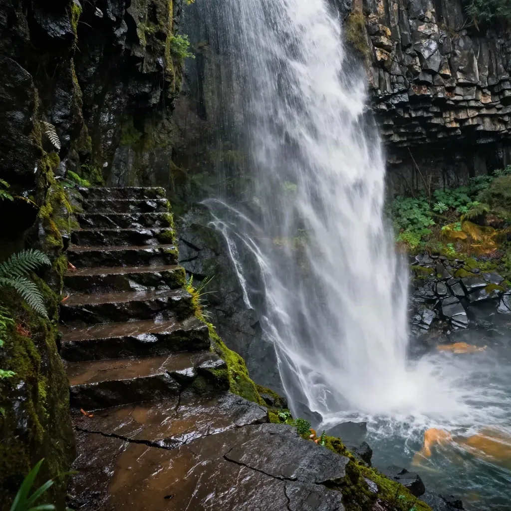 Mossy basalt steps beside a sunlit waterfall, spray exploding into mist in the Cascades.