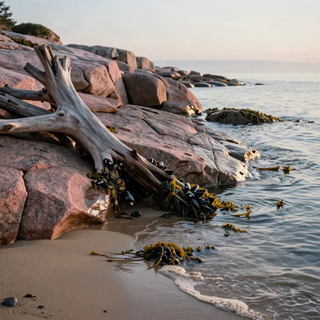 Sunrise over pink granite tide pools and driftwood in a quiet Maine cove.