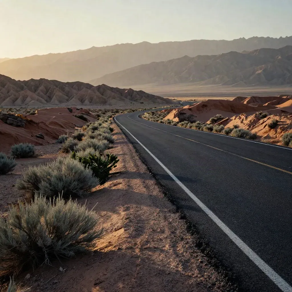 Empty desert highway at dawn with heat shimmer, sagebrush, sand berms, and pale mountains near Lone Pine.