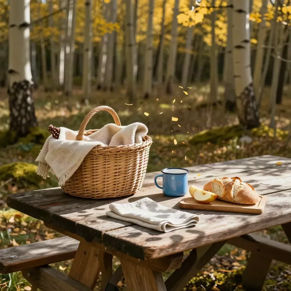 Picnic basket, blanket, and sky-blue cup under flickering aspen leaves beside a quiet grove.