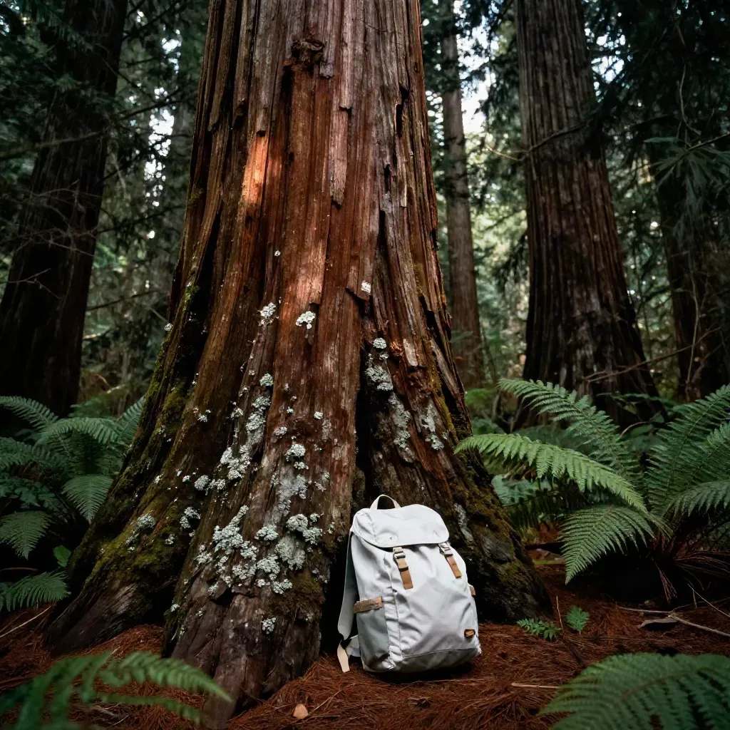 Low-angle sequoia base with fern floor and a small daypack in a moody forest beam.
