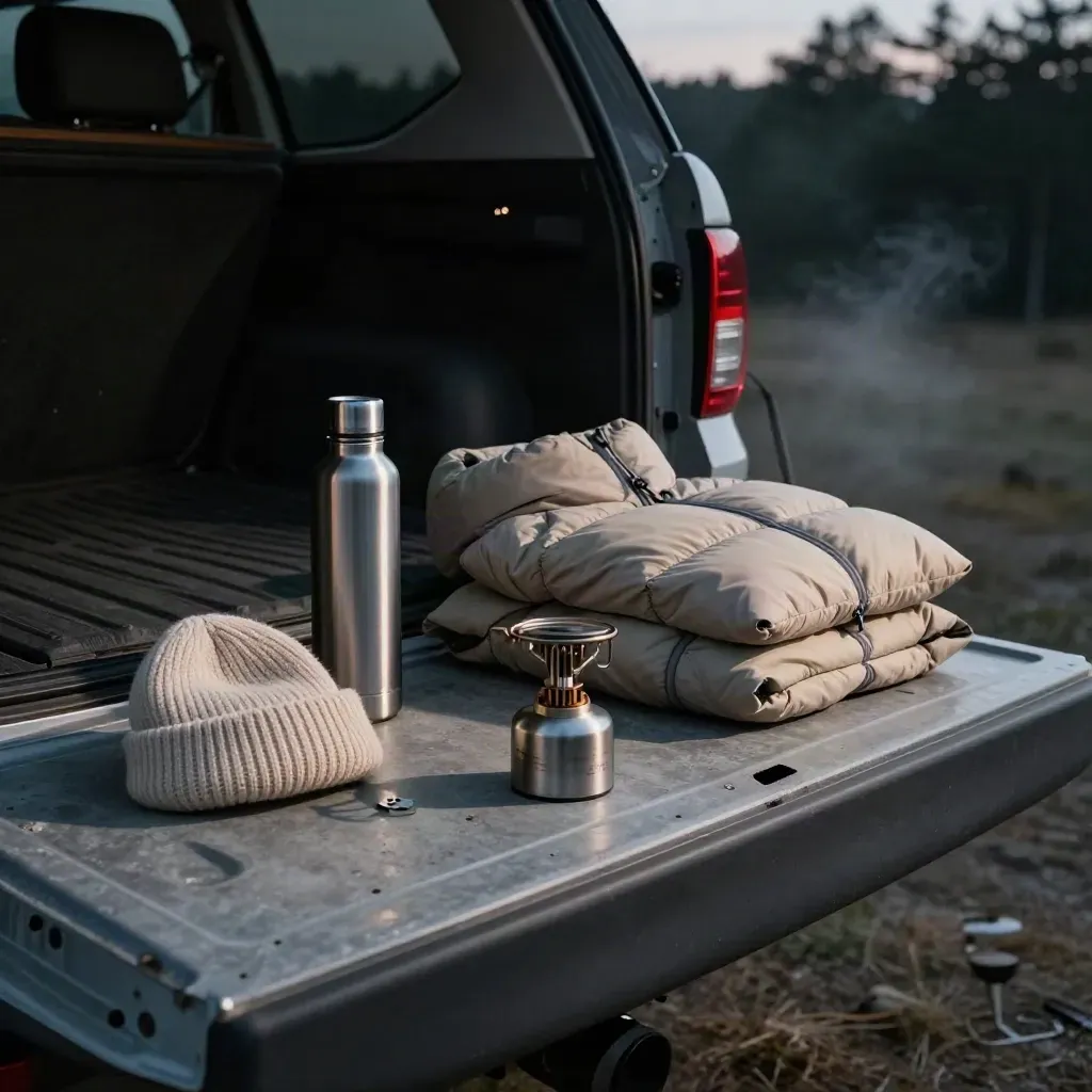 Tailgate camping gear for a cold high-country night at dusk