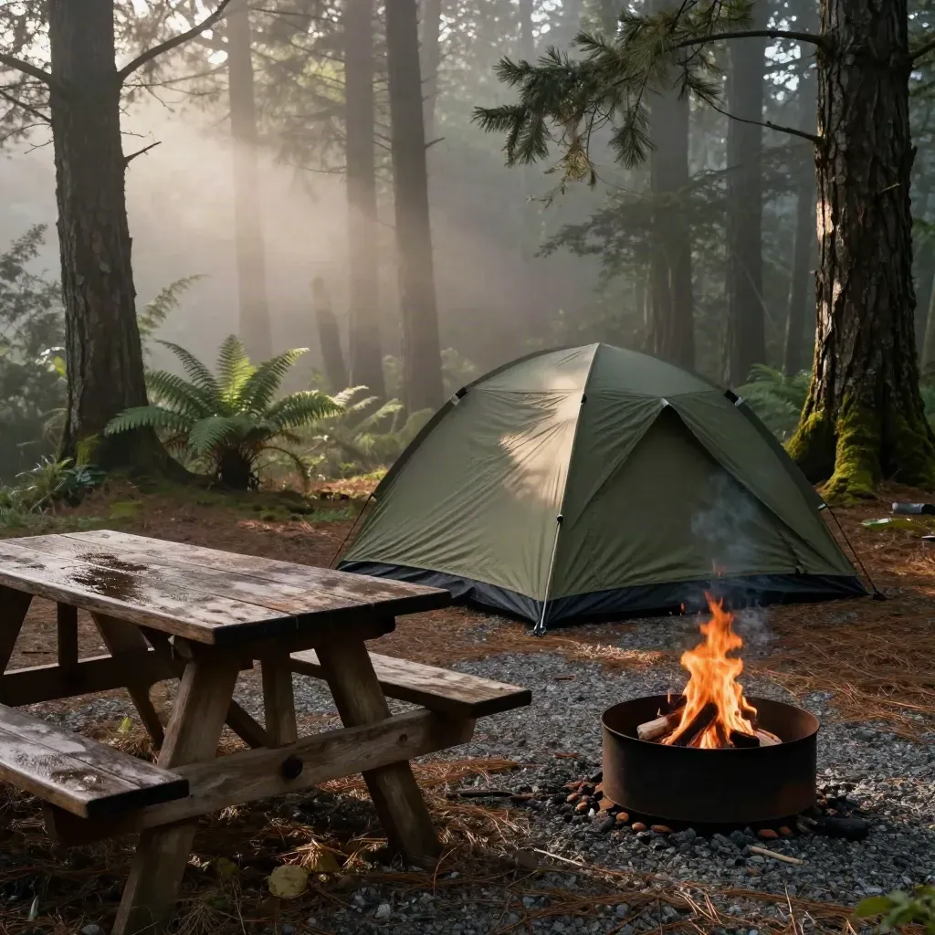 Misty pine campsite with tent, picnic table, and fire ring in soft morning light