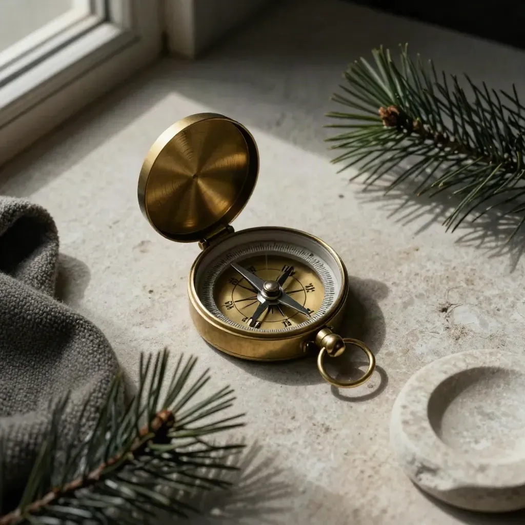 Overhead brass compass with pine sprig, wool cloth, and limestone dish on pale stone