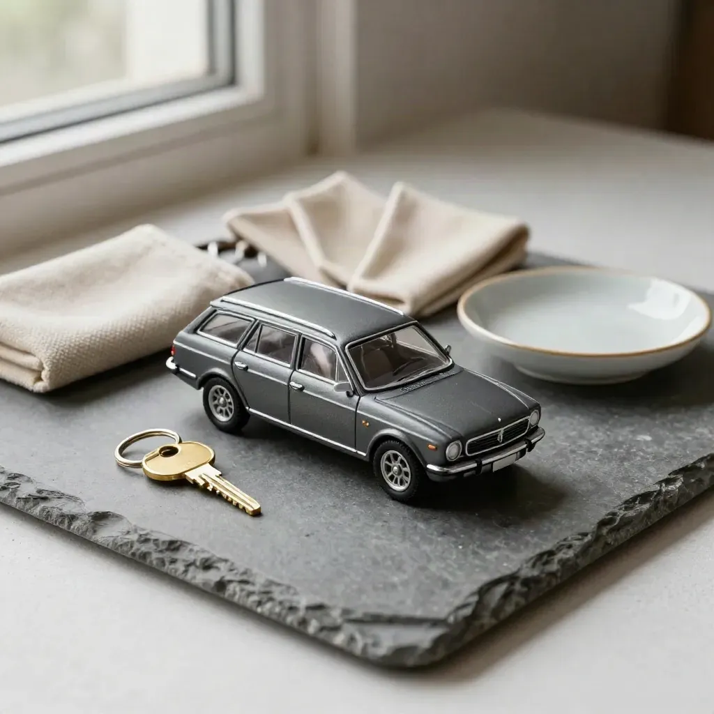 Die-cast station wagon with keys, pouch and dish on a stone tray
