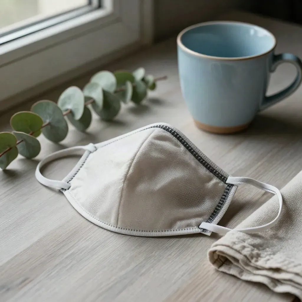 Mask, blue cup, eucalyptus sprig, and linen cloth on pale wood in soft side light.
