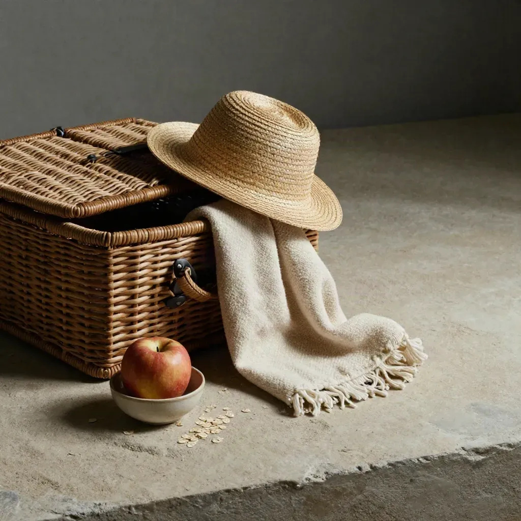 Picnic basket, straw hat, folded blanket, and apple bowl on a pale plaster surface.