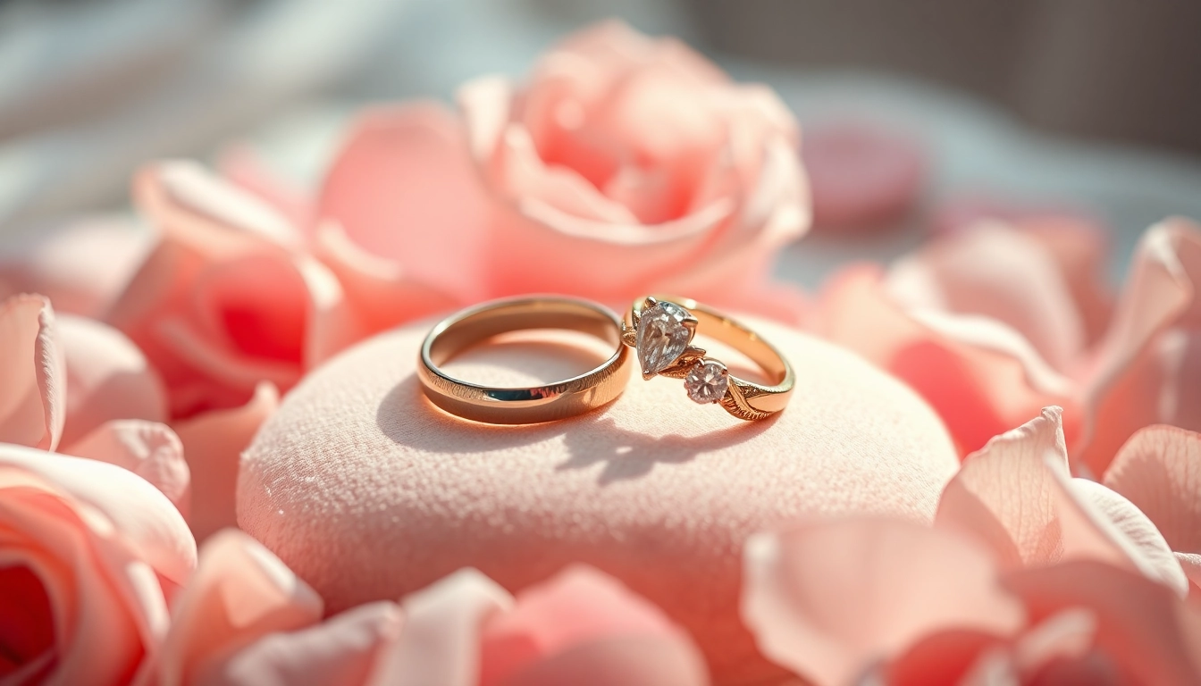 Couple rings displayed elegantly with unique designs and soft lighting.
