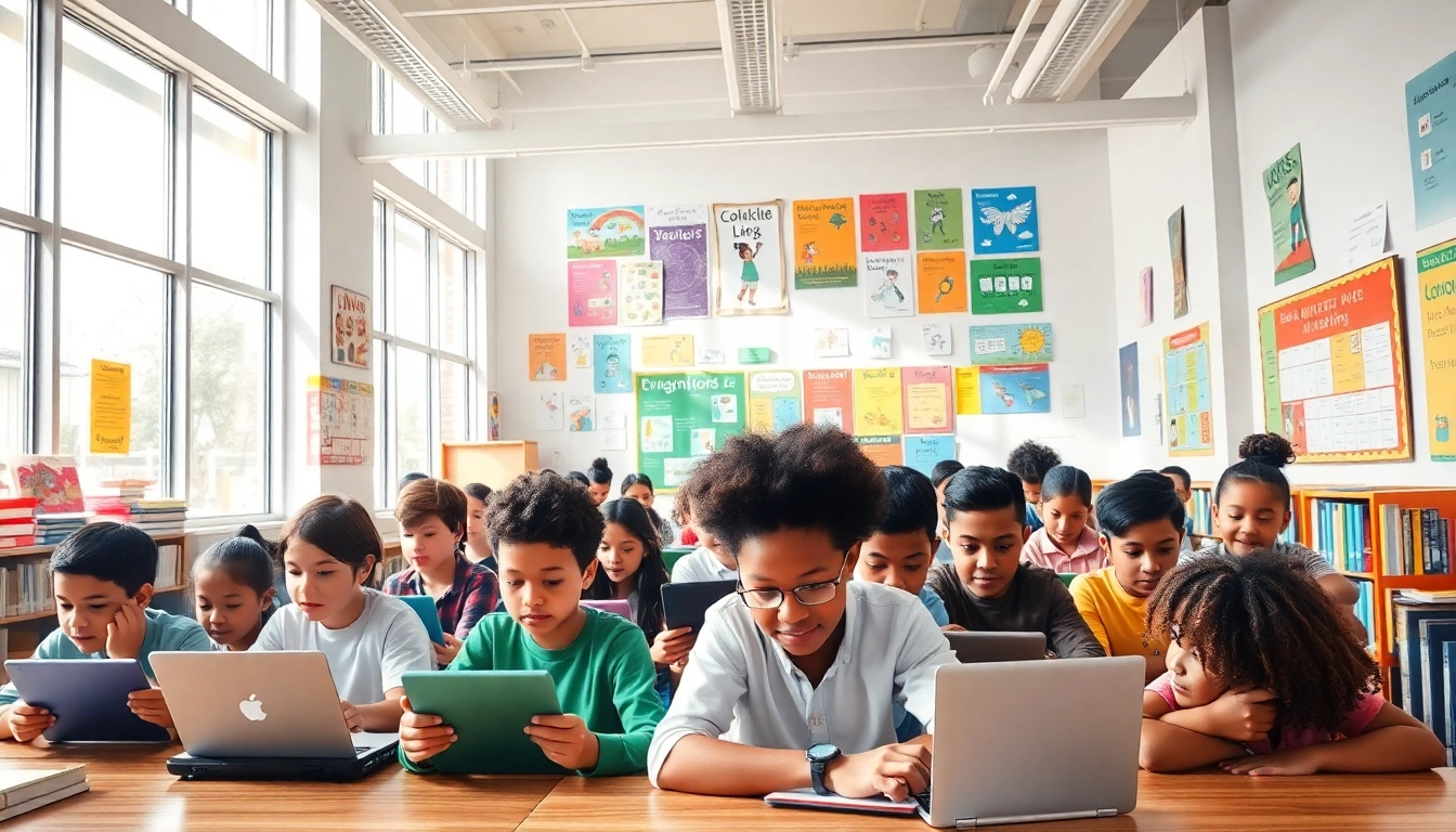 Engaging classroom scene emphasizing education equity with diverse students and technology.
