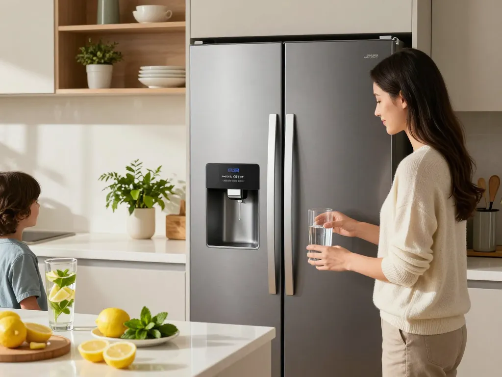 AQUA CREST 469690 ADQ36006101 Refrigerator Water Filter in action as family fills a glass with pure water in a modern kitchen setting.