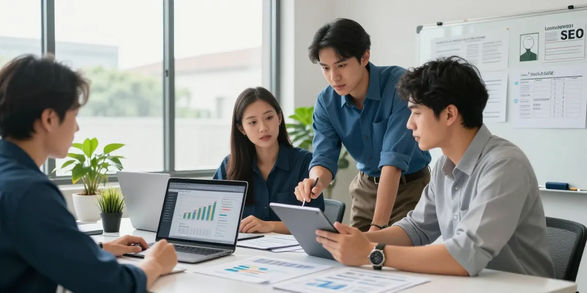 Local SEO for contractors strategy meeting with business owners discussing marketing metrics in a modern workspace.