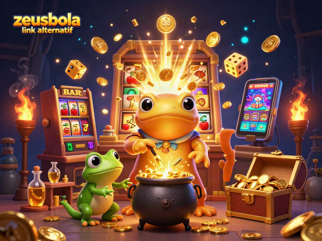 Spin and win with zeusbola link alternatif in a vibrant 3D alchemist casino scene.