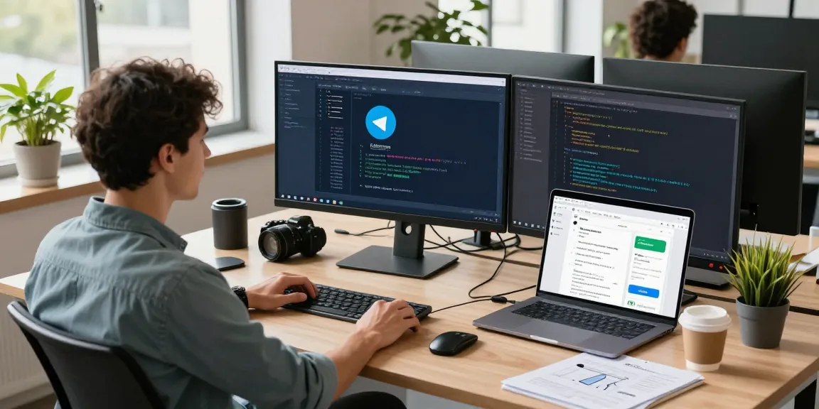 Engaging workspace with a developer coding telegram中文版下载 on multi-monitors, showcasing innovation and productivity.