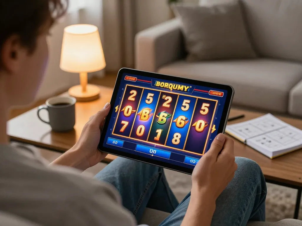 Engaging in toto slot gacor gameplay on a tablet from a cozy living room.