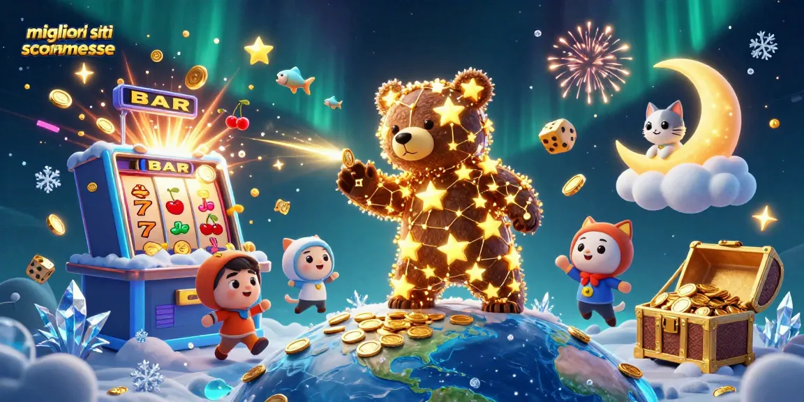 I migliori siti scommesse rappresentati da un orso constellazione che raccoglie monete, circondato da simboli delle slot e una macchina da gioco.