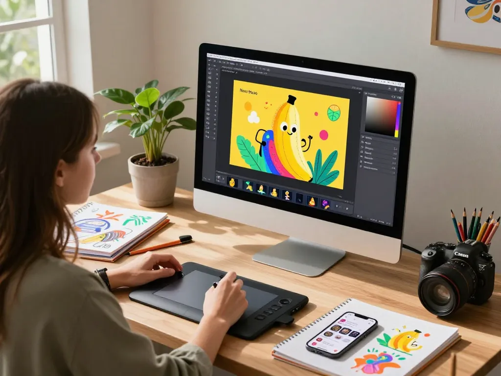 Artist editing with Nano Banana AI in a modern workspace filled with inspiration and art supplies.