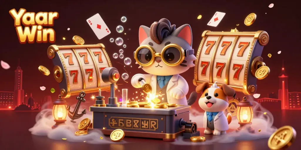 Experience Yaar Win with dynamic slot games and fun characters in this vibrant 3D illustration.
