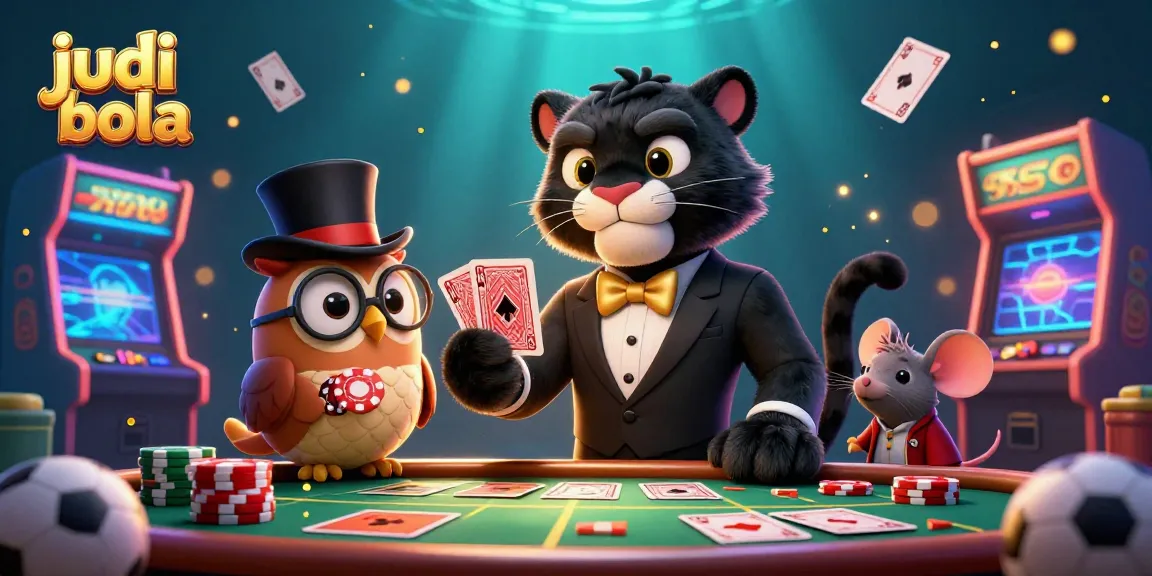 Enhance your judi bola experience as cartoon characters engage with poker chips and dynamic sports elements.