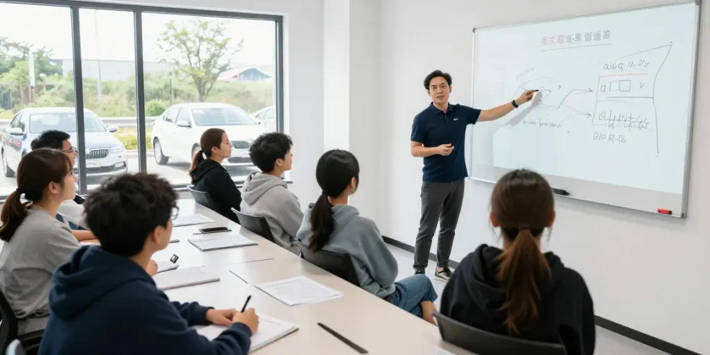 Driving school classroom scene focusing on students learning driving techniques with instructor, автошкола experience.