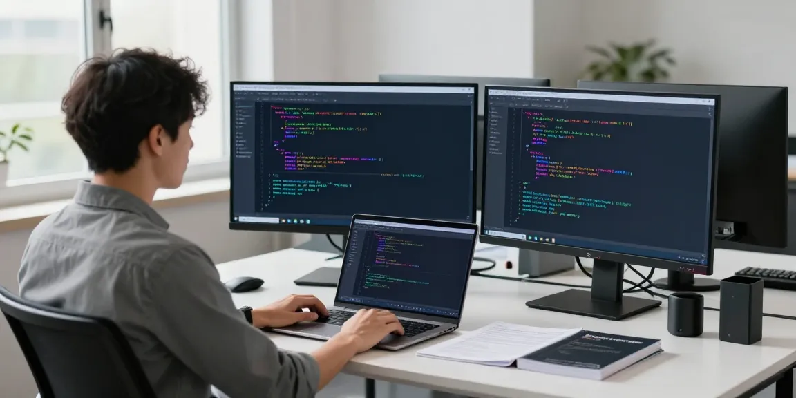 Developer using Notepad++ for coding in a sleek office workspace at https://notepad-app.co/.
