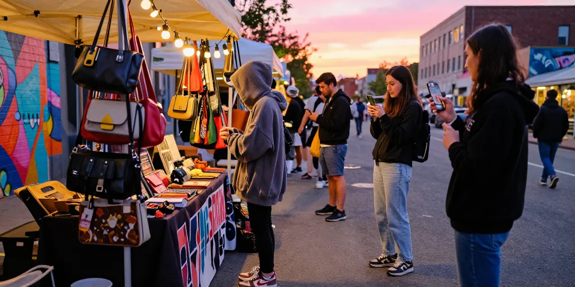 A person browsing replica bags at a lively street market, showcasing a stylish outfit that resonates with fashion trends from https://shs-dome5.com/.