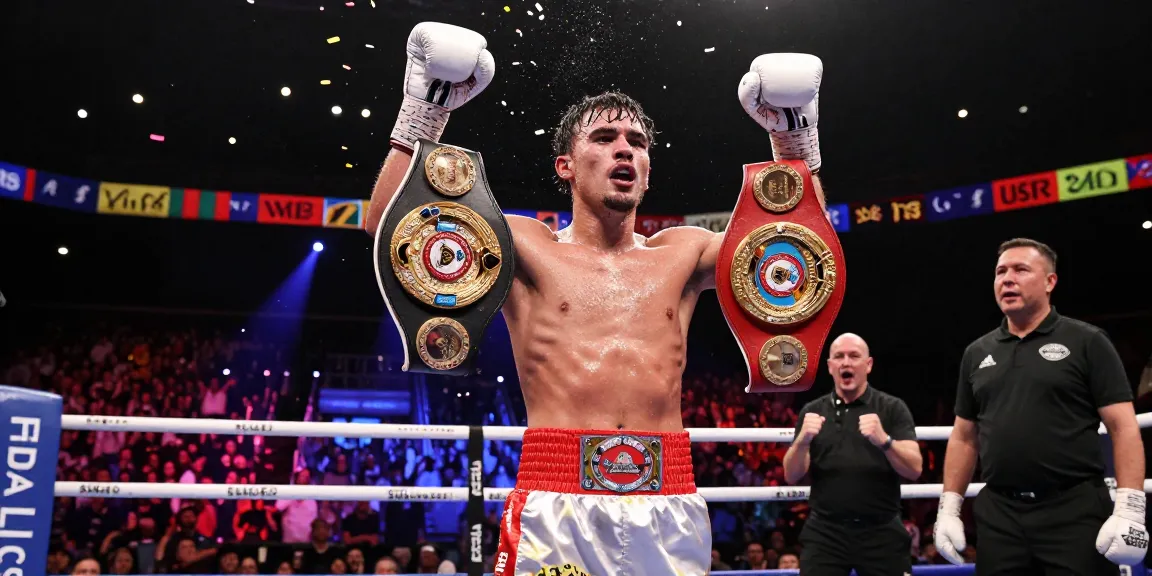 Boxer celebrating as the undisputed champion in a packed arena.